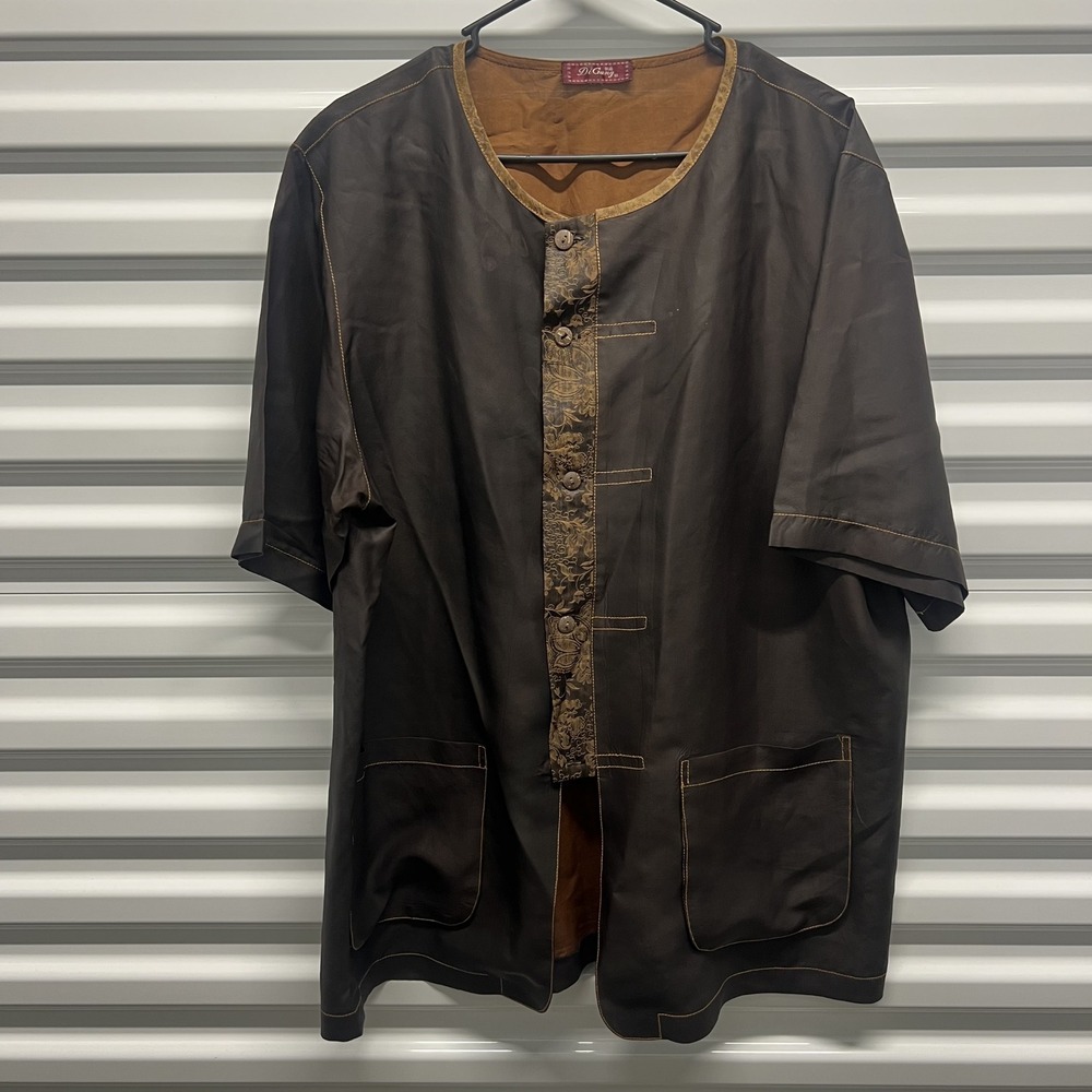 Di Gang Silk Top Brown Floral Brocade Trim Short Sleeve Button Up Womens XL — photo 2
